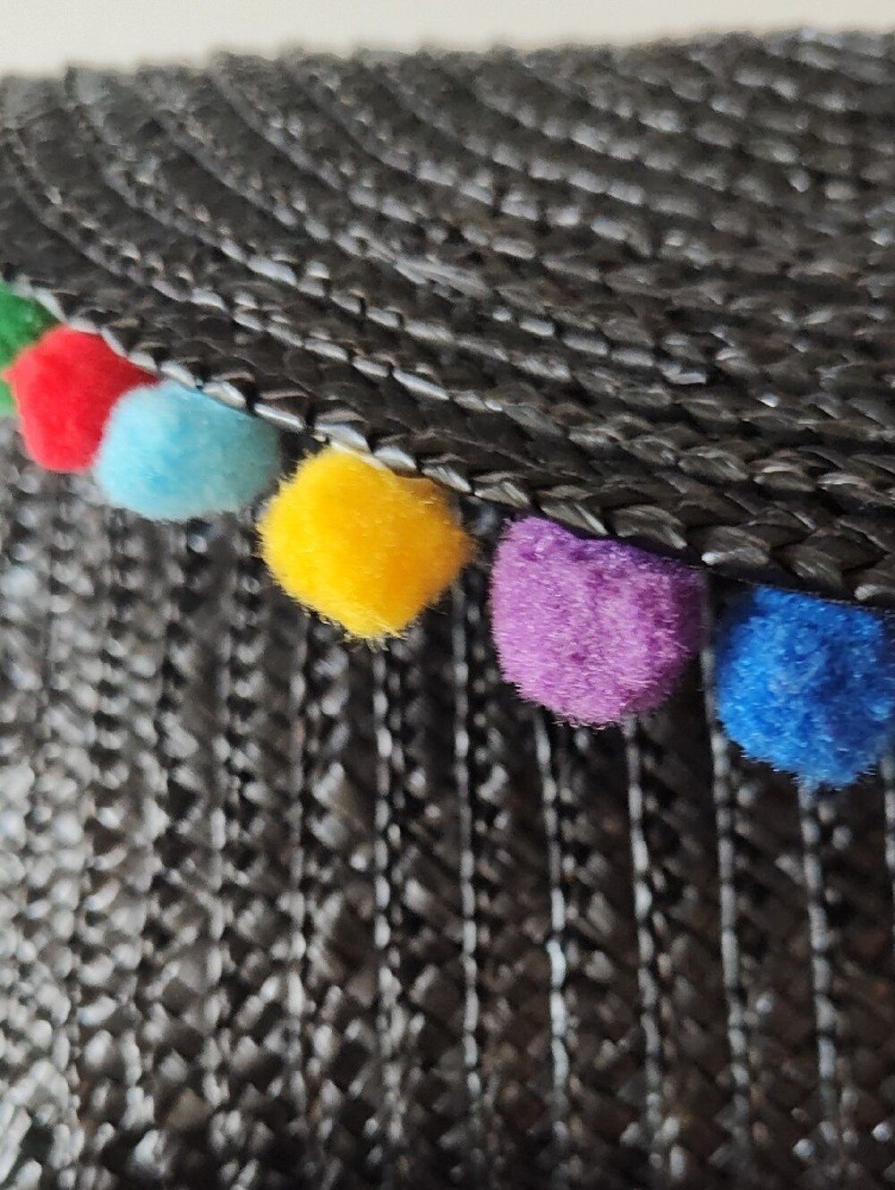 Black Straw Woven Multicolor Pom-Pom Clutch Purse - Picture 8 of 9